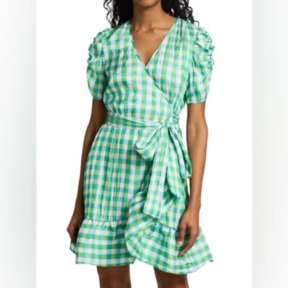 Tanya Taylor Natasha Gingham Wrap Dress Green-White 33783